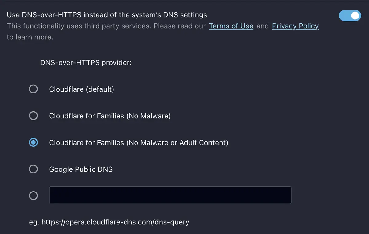 DNS over HTTPS-innstillinger i Opera