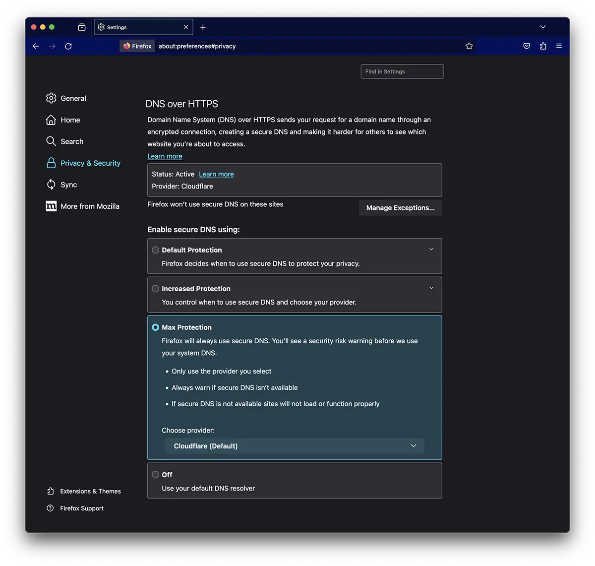 モジュール Max Protection の DNS over HTTPS