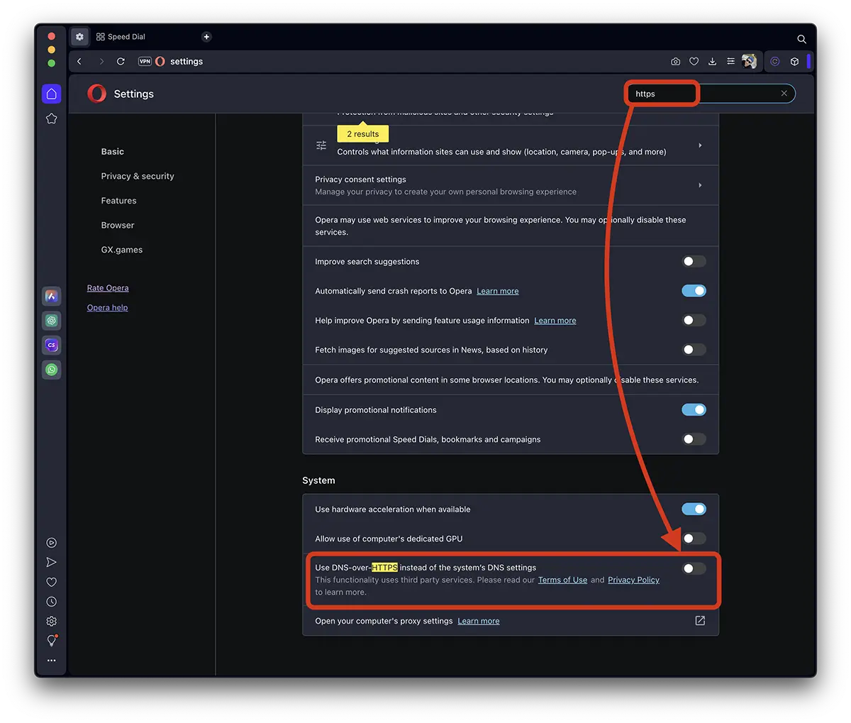 DNS ผ่าน HTTPS ในเบราว์เซอร์ Opera