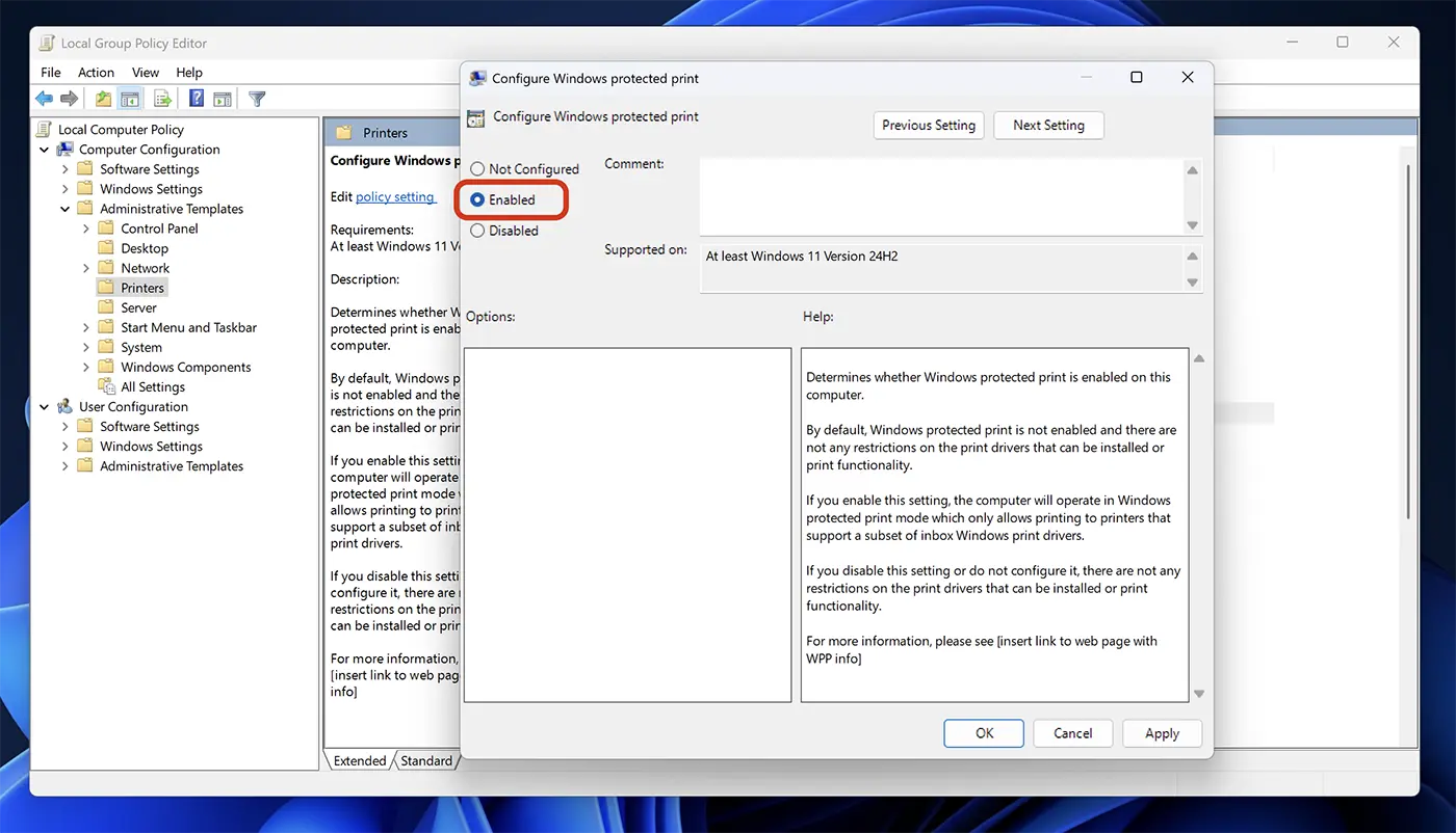 Habilite el modo de impresión protegida de Windows en Windows 11