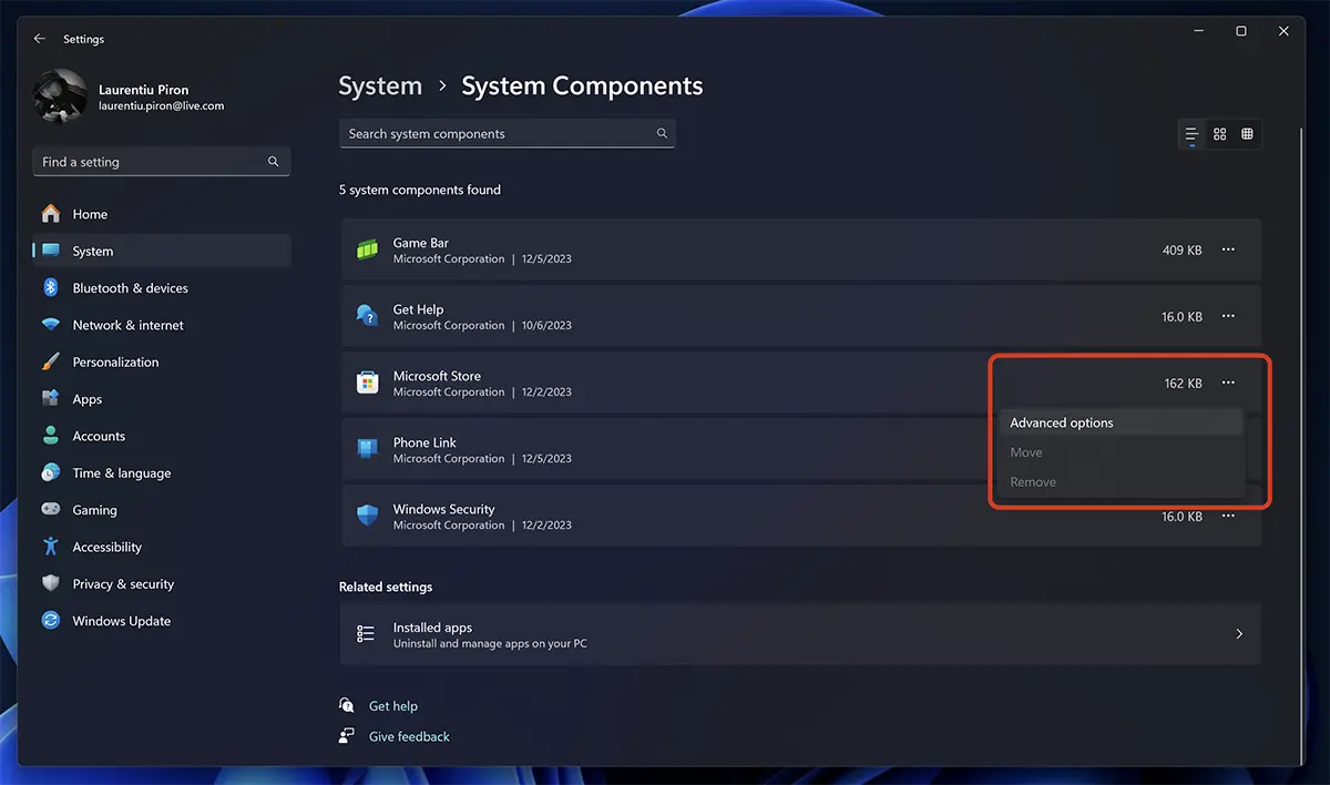 Windows Components Advanced Options