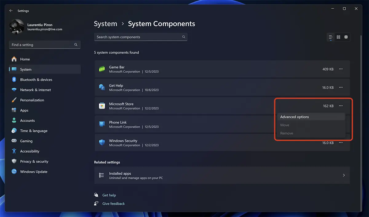 Opções avançadas de componentes do Windows