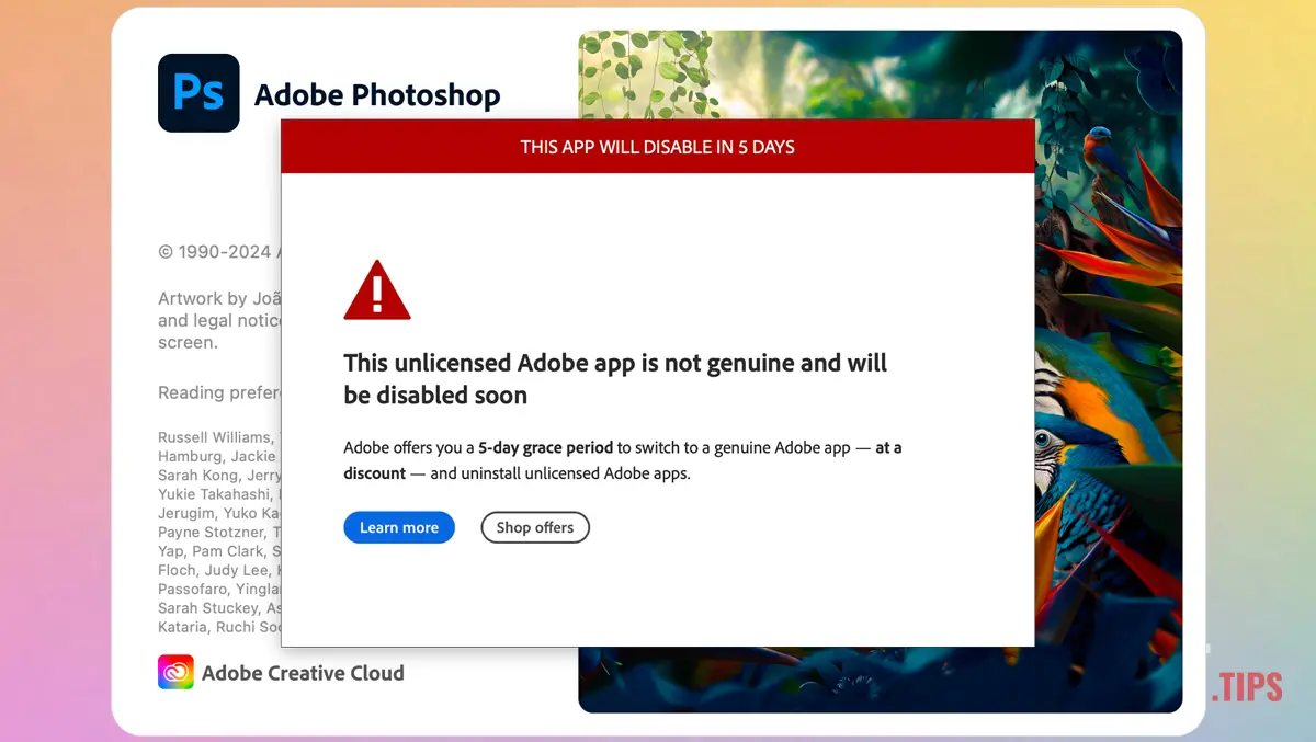 This unlicensed Adobe app is not genuine